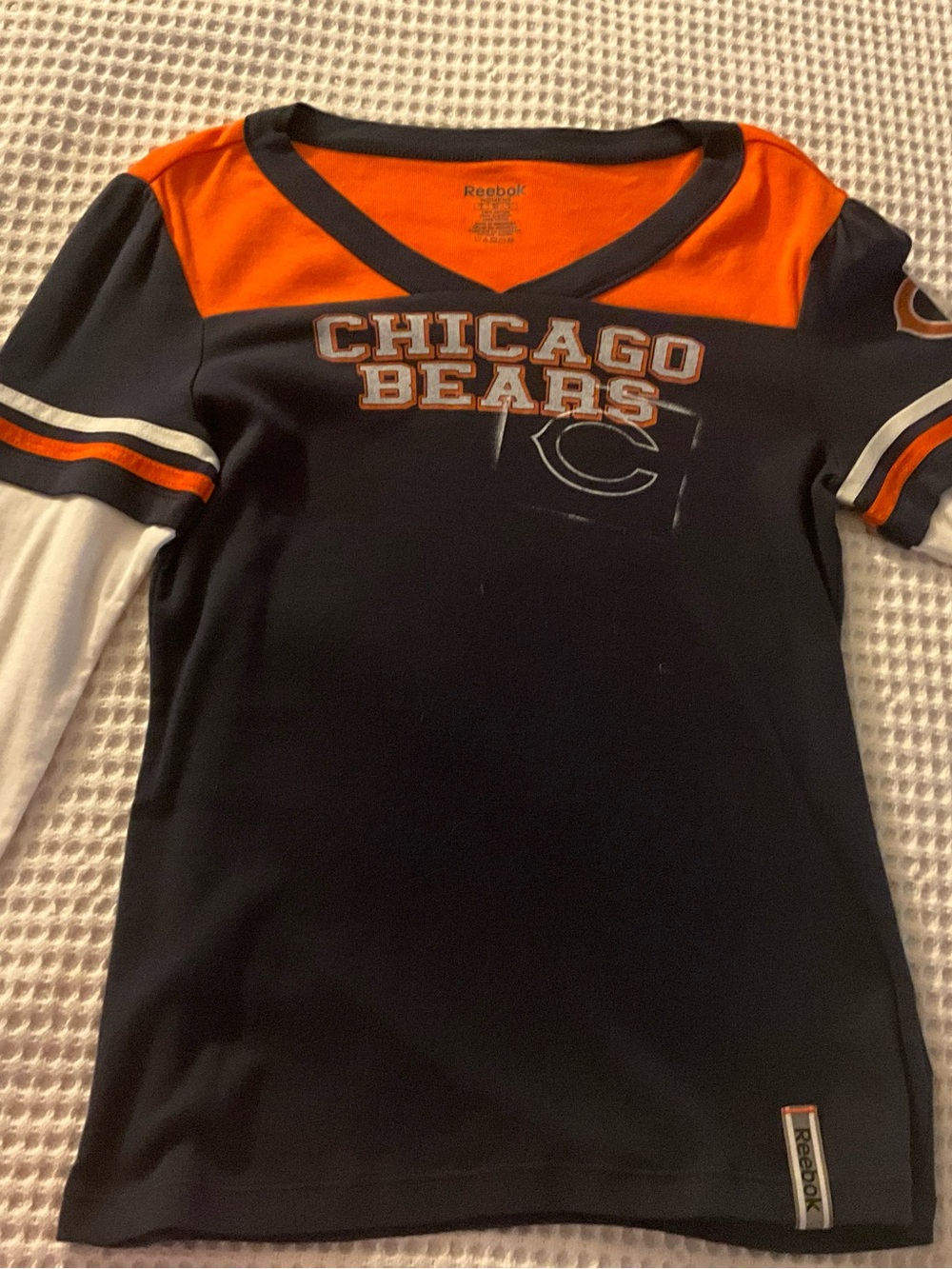 Reebok Navy, Orange & White Chicago Bears Girls' V-Neck Jersey Top